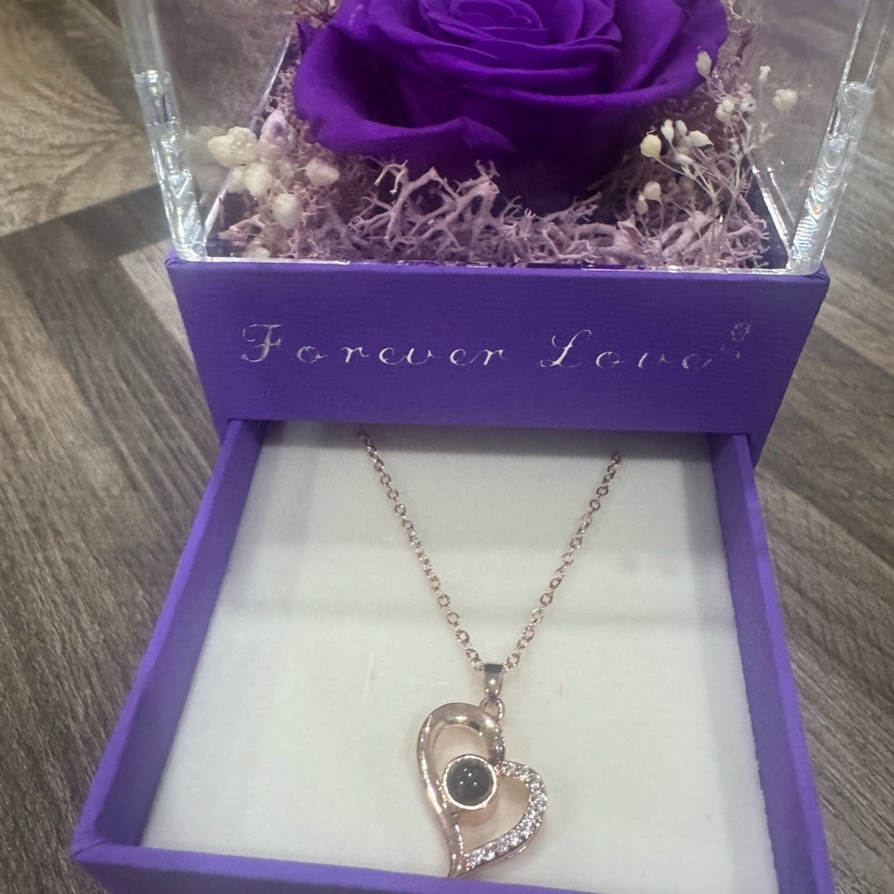 Rose Gold Heart Necklace with Real Purple Rose